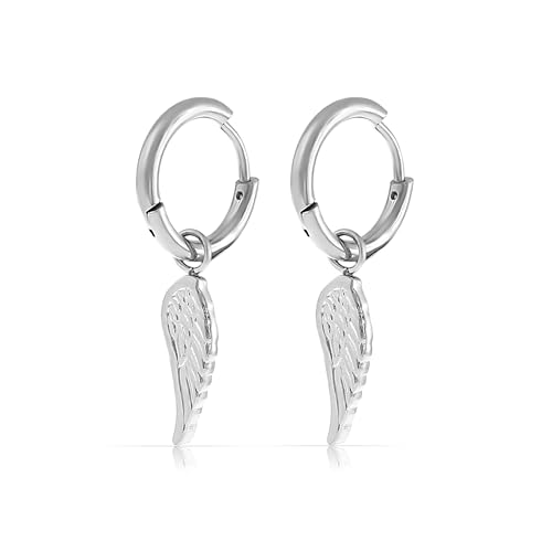Made by Nami Set Ohrringe Hängend mit Engelsflügel Anhänger Silber oder Gold aus Chirurgischem Edelstahl Creolen mit Anhänger Geschenke für Frauen Wasserfester Schmuck Hypoallergen (Silber) von Made by Nami
