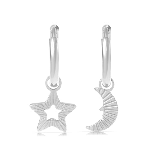 Made by Nami Set Ohrringe Hängend mit Stern und Mond Anhänger in Silber oder Gold aus Chirurgischem Edelstahl Damenohrringe Hypoallergen & Wasserfest Boho Schmuck (Silber) von Made by Nami