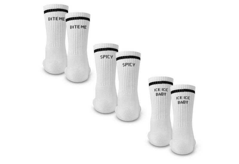 Made by Nami Socken Crew Socks 3-er Set aus Baumwolle, Herren & Damen (Set, 3 Paar) Weiße Retro Tennis Socken mit Sprüchen, "Bite" "Spicy" "Ice" von Made by Nami