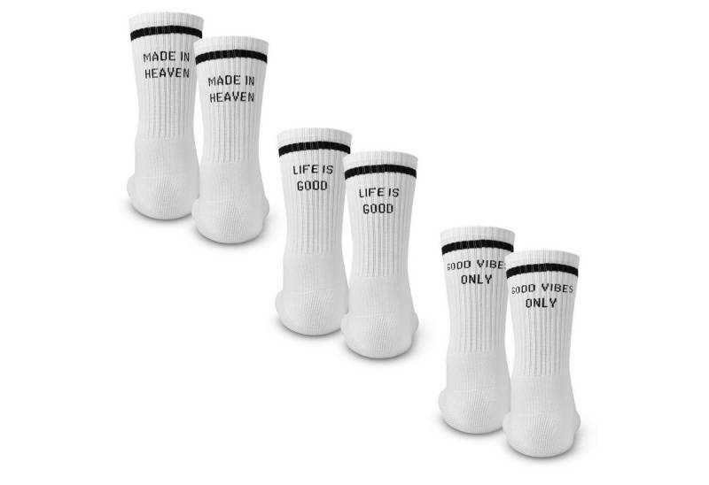 Made by Nami Socken Crew Socks 3-er Set aus Baumwolle, Herren & Damen (Set, 3er Set) Weiße Retro Tennis Socken mit Sprüchen, "Heaven" "Life" "Vibes" von Made by Nami