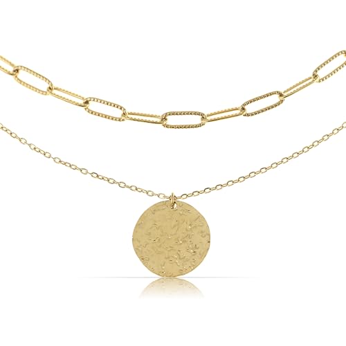 Made by Nami Zweireihige Halskette Damen Gold mit Anhänger aus Chirurgischem Edelstahl 40 + 5 cm Layered Goldkette Damen Geschenk für Sie Boho Schmuck Hypoallergen & Wasserfest von Made by Nami