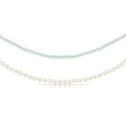 Made by Nami Zweireihige Perlenkette Damen mit Süßwasserperlen 40 + 5 cm Mulitlayered Halskette Damen aus Chirurgischem Edelstahl Hypoallergen & Wasserfest Perlen-Schmuck (Blau) von Made by Nami