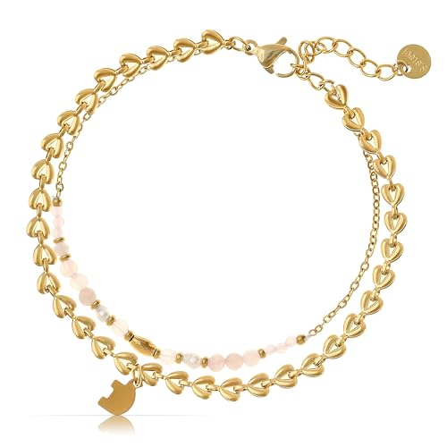 Made by Nami Zweireihiges Armband Damen Gold mit bunten Perlen und Anhängern 16 + 3 cm Layered Armband Gold Schmuck (Süßwasserperlen) von Made by Nami