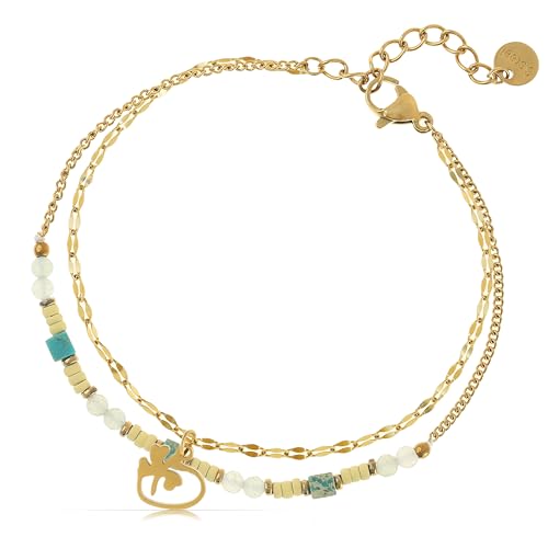 Made by Nami Zweireihiges Armband Damen Gold mit bunten Perlen und Anhängern 16 + 3 cm Layered Armband Gold Schmuck (Türkise Steine) von Made by Nami
