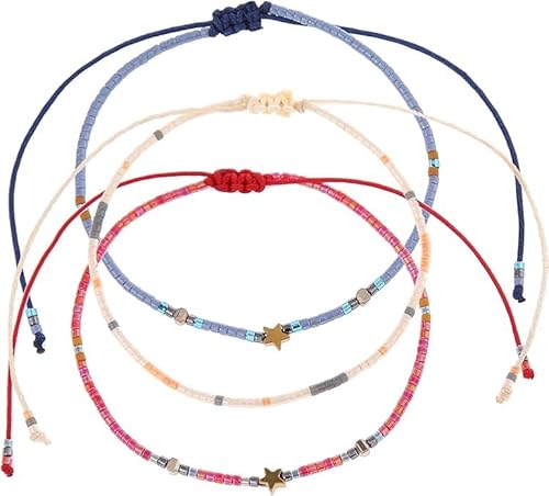 Made by Nami Perlen Fußkettchen 3er Set Damen & Mädchen - 3x Surfer Fußkette Boho Ethno Style - 100% Wasserfest & Verstellbar - Bunte Fussketten Fußband Festival Accessoires (Sterne) von Made by Nami