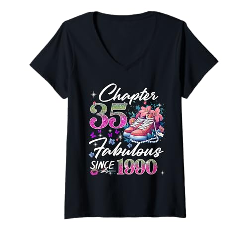 Damen Chapter 35 Fabulous EST 1990 35th Floral Birthday Queen T-Shirt mit V-Ausschnitt von Made in 1990 35th Birthday Gifts For Women Apparel
