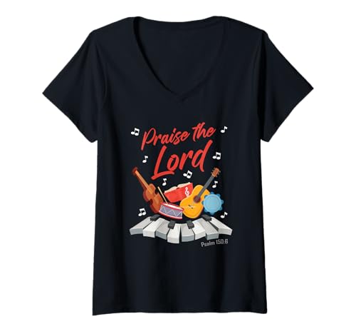 Damen Praise The Lord – Psalm 150:6 Christian Church Worship Color T-Shirt mit V-Ausschnitt Damen Praise The Lord – Psalm 150:6 Christian Church Worship Color T-Shirt mit V-Ausschnitt von Made to Worship – Christian Praise & Bibles Verse