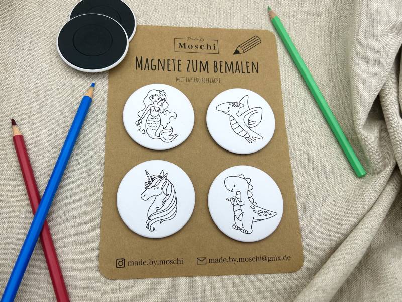 Magnet Zum Selber Bemalen | Gemischt Papieroberfläche 4Er Set 59mm Kinder Bastelset| Ausmalbilder Kindergeburtstag Mitgebsel von MadeByMoschi