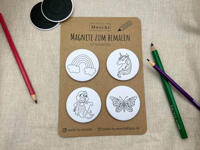 Magnet Zum Selber Bemalen | Mädchen |Magnete Mit Papieroberfläche 4Er Set 59mm Ausmalbilder Kindergeburtstag Mitgebsel von MadeByMoschi