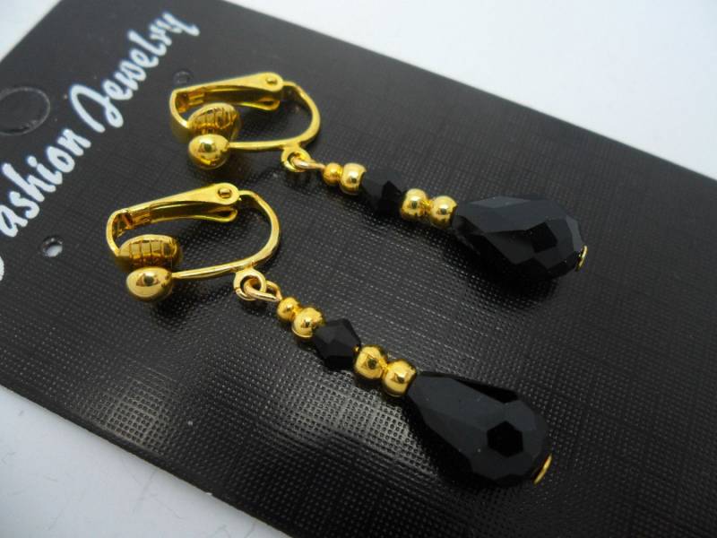 Ein Paar Hübsche Vergoldete Schwarze Glas Kristall Tropfen Perlen Ohrclips Ein Paar Hübsche Vergoldete Schwarze Glas Kristall Tropfen Perlen Ohrclips von MadeInEngland63
