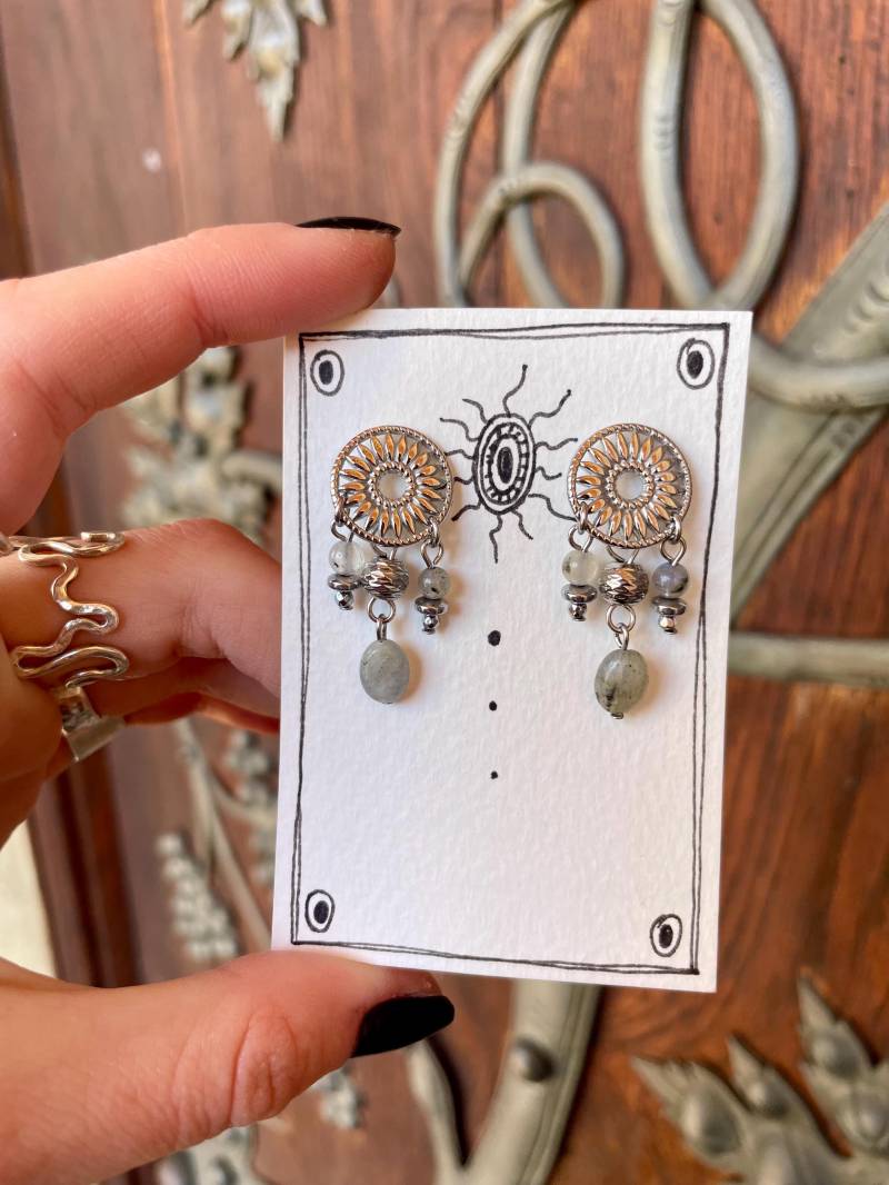 Mandala Ohrringe - Edelstahl Mit Labradorit & Hämatit, Elegant, Spirituell, Boho Schmuck, Geschenk Für Sie von MadebyAnnaJewelry