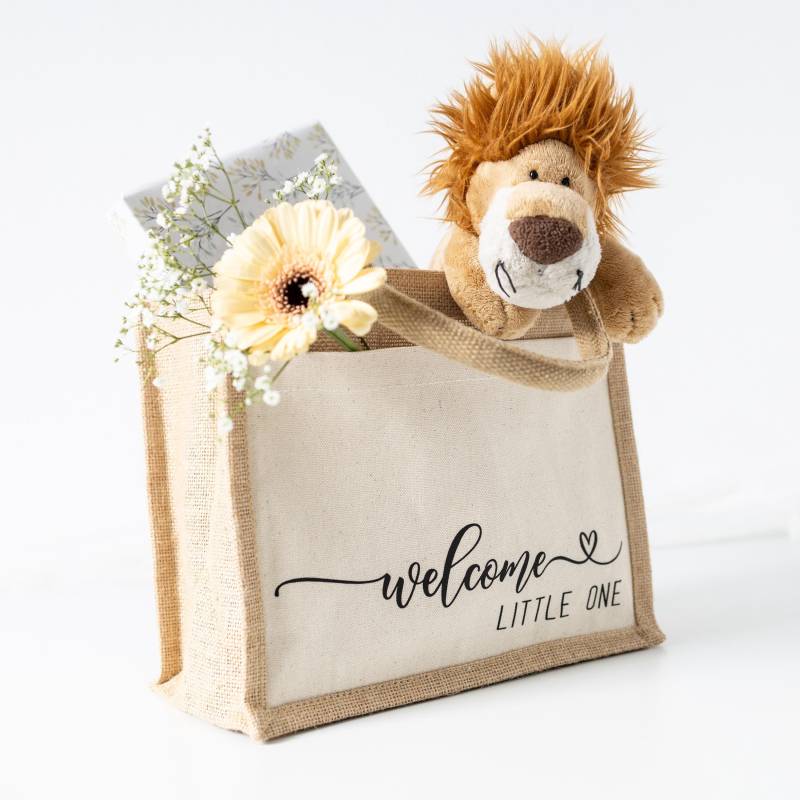 Geschenktasche Mit Einsteckfach | Jute Tasche Geschenkverpackung Zur Geburt Taufe Welcome Little One von MadebyEinesTages