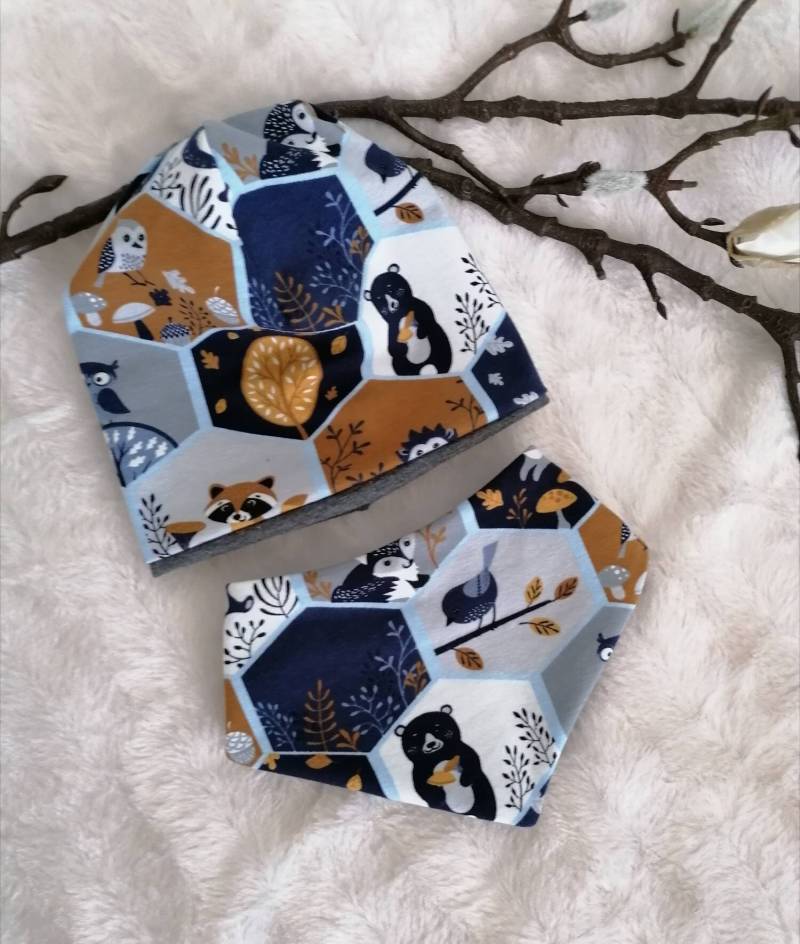 Set Mütze Beanie Spucktuch Halstuch 62-68 74-80 86-92 98-104 Tiere Waldtiere Blau von MadebyNatmmmkir