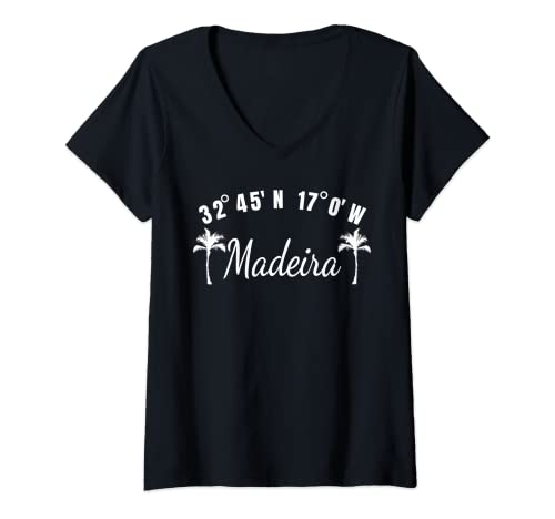 Damen Madeira Koordinaten Insel Urlaub Portugal T-Shirt mit V-Ausschnitt Damen Madeira Koordinaten Insel Urlaub Portugal T-Shirt mit V-Ausschnitt von Madeira Atlantik Portugal Bekleidung Geschenkidee