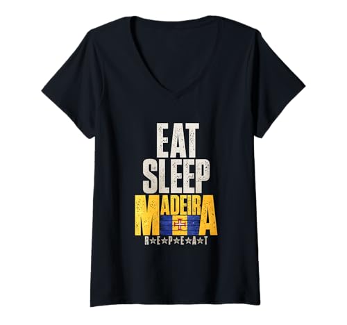 Damen Eat Sleep Madeira T-Shirt mit V-Ausschnitt Damen Eat Sleep Madeira T-Shirt mit V-Ausschnitt von Madeira Design