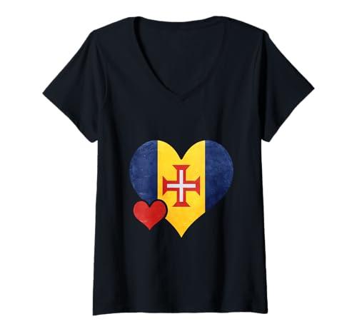 Damen Madeira Flagge Herz T-Shirt mit V-Ausschnitt Damen Madeira Flagge Herz T-Shirt mit V-Ausschnitt von Madeira Design
