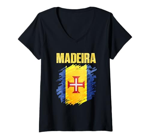 Damen Madeira-Flaggen-Emblem T-Shirt mit V-Ausschnitt Damen Madeira-Flaggen-Emblem T-Shirt mit V-Ausschnitt von Madeira Design