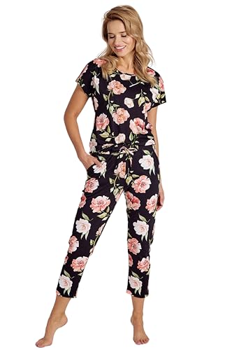 Mademoiselle Sommeil Damen Capri Pyjama Schlafanzug Kurzarm | Schwarz mit Allover-Rosendruck | 100% Baumwolle | Atmungsaktiv & Komfortabel von Mademoiselle Sommeil