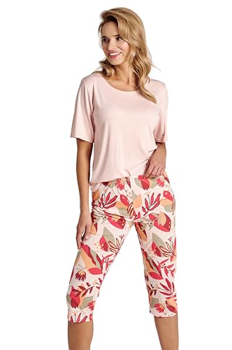 Mademoiselle Sommeil Damen Capri Pyjama Schlafanzug Set | Beigeton mit Rosa-Einschlag & Blumenmuster | Viskose & Baumwolle | Atmungsaktiv von Mademoiselle Sommeil