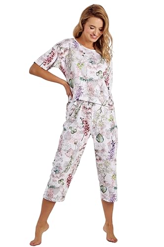 Mademoiselle Sommeil Damen Capri Schlafanzug | Weiß mit Geblümtem Allover-Druck | Pyjama aus 100% Baumwolle | Elegant & Bequem von Mademoiselle Sommeil