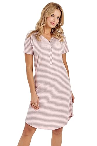 Mademoiselle Sommeil Damen Nachthemd | Rosa-Grau Gestreift | Kurzarm mit V-Ausschnitt & Knopfleiste| 95% Baumwolle, 5% Polyester | Knielang mit abgerundetem Saum von Mademoiselle Sommeil