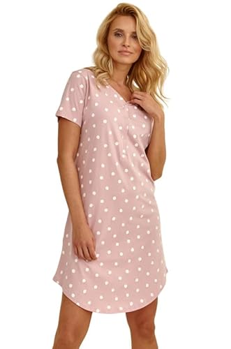 Mademoiselle Sommeil Damen Nachthemd | Schlafkleid & Nachtwäsche | 100% Baumwolle | Altrosa mit weißen Punkten | V-Ausschnitt & Kurze Ärmel | Knopfleiste und Abgerundeter Saum von Mademoiselle Sommeil