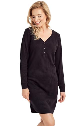 Mademoiselle Sommeil Damen Nachthemd | Schwarzes Langarm-Nachthemd mit funktionaler Knopfleiste | V-Ausschnitt & elastische Bündchen | 100% Baumwolle Rib Material von Mademoiselle Sommeil