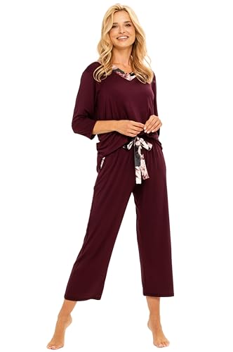Mademoiselle Sommeil Damen Pyjama Set | Dunkles Weinrot mit floralen Akzenten | hochwertiger Viskose-Elastan Mix | 7/8 Ärmel & Hose | Komfortable Nachtwäsche für Herbst und Winter von Mademoiselle Sommeil