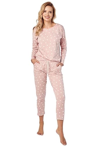 Mademoiselle Sommeil Damen Schlafanzug | 2-Teiliges Pyjama Set mit Langarm Oberteil & Capri Hose in Altrosa mit Allover-Druck | 100% Baumwolle von Mademoiselle Sommeil
