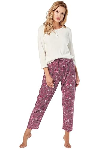 Mademoiselle Sommeil Damen Schlafanzug | 2-Teiliges Pyjama Set mit weißem ¾ Arm Oberteil & dunkelroter Langer Hose mit weißem Allover-Druck | 100% Baumwolle von Mademoiselle Sommeil