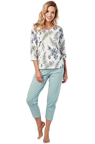 Mademoiselle Sommeil Damen Schlafanzug | 2-Teiliges Pyjama Set mit weißem ¾ Arm Oberteil & pastellgrüner Capri Hose |floraler Allover Druck | 100% Baumwolle von Mademoiselle Sommeil