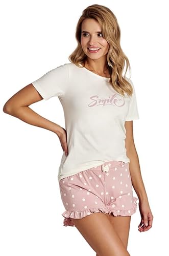 Mademoiselle Sommeil Damen Schlafanzug Kurz, 2-Teiliges Pyjama Set | Shorty aus 100% Baumwolle | Kurzärmliges cremefarbenes Oberteil mit Druck & Rüschenhose in Altrosa mit Punkten von Mademoiselle Sommeil