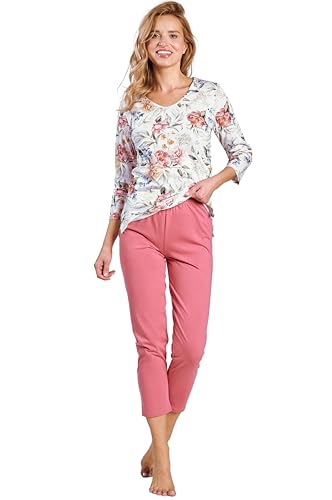 Mademoiselle Sommeil Damen Schlafanzug Set | Florales Oberteil in Weiß & Rosa Capri-Hose | 100% Baumwolle | 3/4 Ärmel & 3/4 Länge Hose | Capri Pyjma von Mademoiselle Sommeil