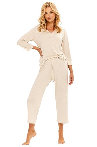 Mademoiselle Sommeil Damen Schlafanzug Set | Hellbeige Meliert | luxuriöser Pyjama aus Viskose-Leinen-Mix | 7/8 Ärmel & 7/8 Hose | Perfekt für Frühling, Herbst und Winter von Mademoiselle Sommeil