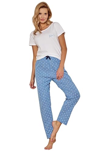 Mademoiselle Sommeil Damen Schlafanzug Set mit Anker-Design | 100% Baumwolle | Kurzarm-Oberteil in Weiß & Lange Hose in Jeans-Optik |Pyjama mit maritimen Flair von Mademoiselle Sommeil