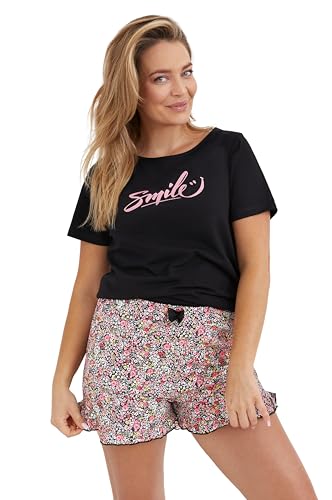 Mademoiselle Sommeil Damen Shorty Pyjama Schlafanzug Set | 100% Baumwolle | Schwarz mit Motiv & Bunter Blumendruck | Rüschendetails | Europäische Qualität von Mademoiselle Sommeil