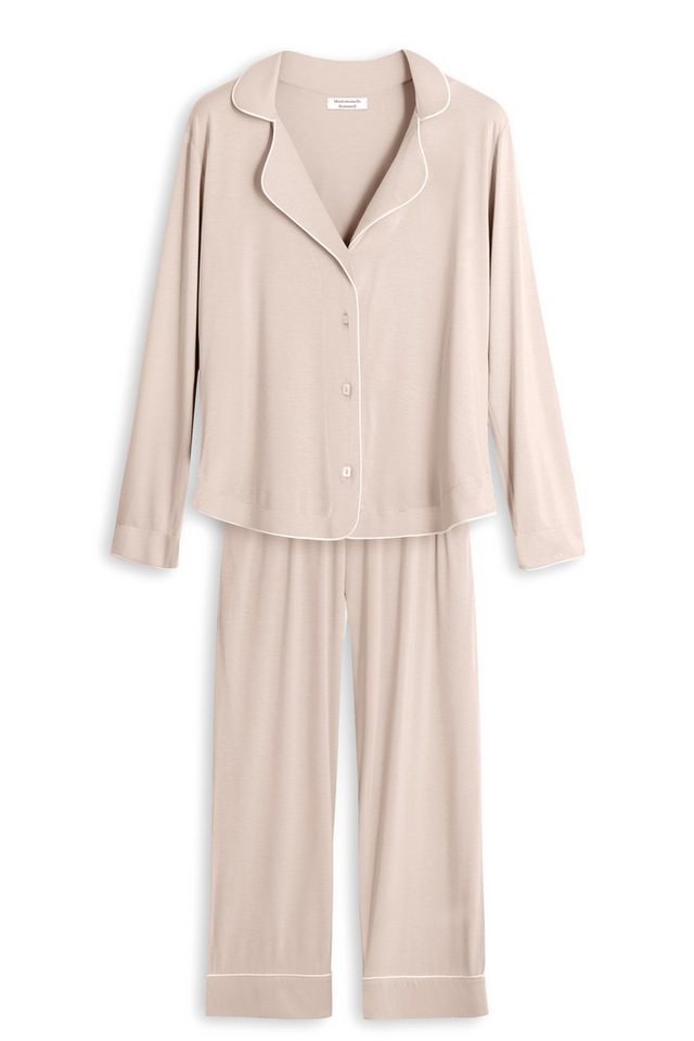 Mademoiselle Sommeil Pyjama Damen Schlafanzug aus EcoVero™ Viskose in schlichtem Taupe Hemdbluse & Hose, Kontrastpaspel, weich, gefertigt in Polen von Mademoiselle Sommeil