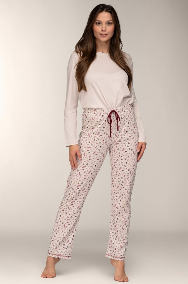 Mademoiselle Sommeil Pyjama Damen Schlafanzug mit Creme Langarmshirt & florale Hose 100% Baumwolle, Rundhals, hergestellt in Polen von Mademoiselle Sommeil