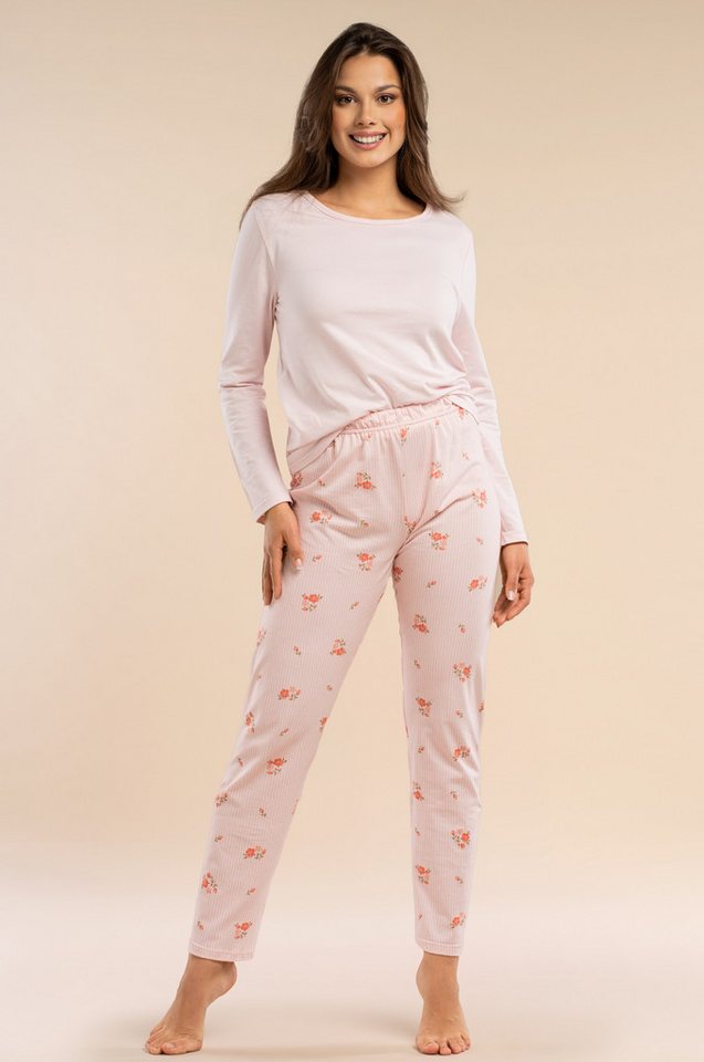 Mademoiselle Sommeil Pyjama Damen Schlafanzug mit Langarmshirt & langer Hose mit floralen Streifen (2 tlg) aus 100% Baumwolle, hautfreundlich & atmungsaktiv von Mademoiselle Sommeil