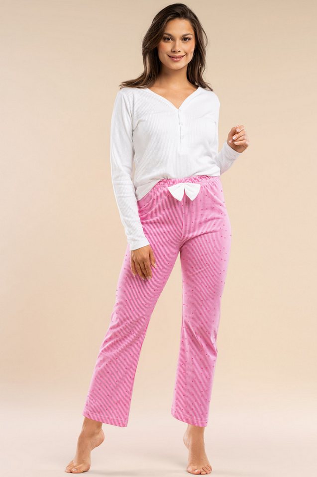 Mademoiselle Sommeil Pyjama Damen Schlafanzug mit weißem langarm Oberteil & langer Hose in pink 100% Baumwolle, V-Ausschnitt & Knopfleiste, Hose mit Streifen & Herzen von Mademoiselle Sommeil