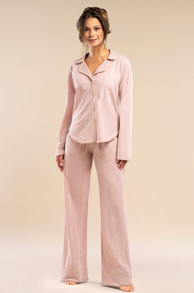 Mademoiselle Sommeil Pyjama Schlafanzug langarm aus luxuriösem Material-Mix (2 tlg) Hemdblusen-Optik mit Holzknöpfen, Langarm & lange Hose in Rosé von Mademoiselle Sommeil