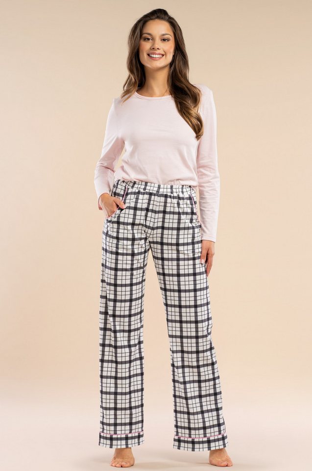 Mademoiselle Sommeil Pyjama mit Hellrosa Oberteil & Karo-Hose mit rosa Paspel (2 tlg) aus 100 % Baumwolle, Langarmshirt & lange Hose, Made in Polen von Mademoiselle Sommeil