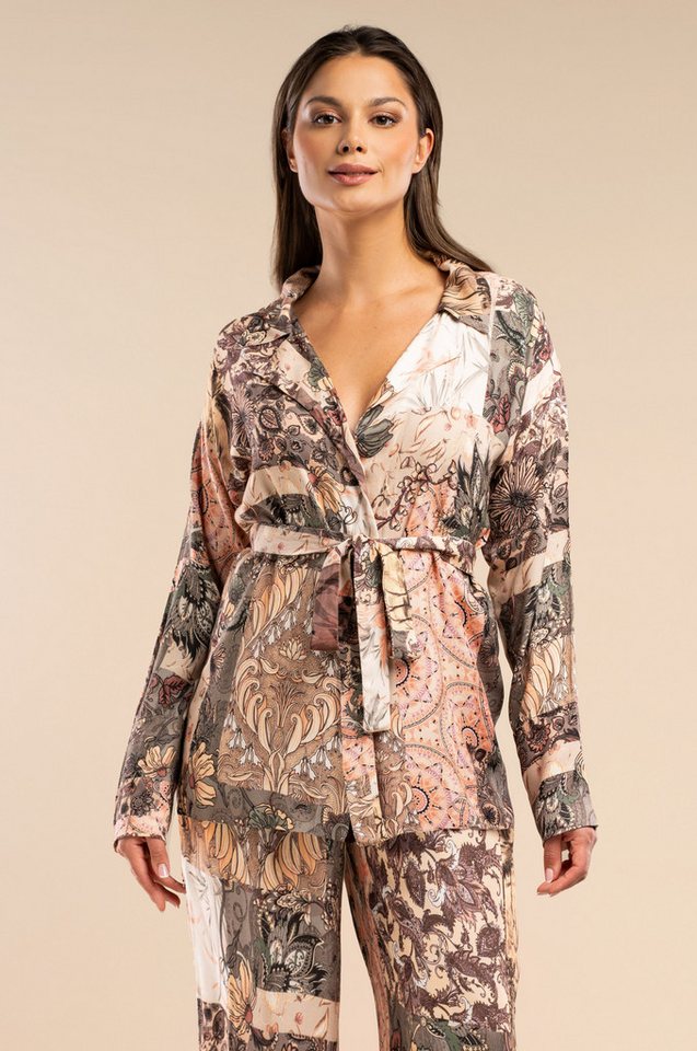Mademoiselle Sommeil Pyjamaoberteil Damen Satin Viskose Bluse mit Bindegürtel Luxuriöses Pyjama-Oberteil mit floralen Ornamenten in warmen Erdtönen von Mademoiselle Sommeil