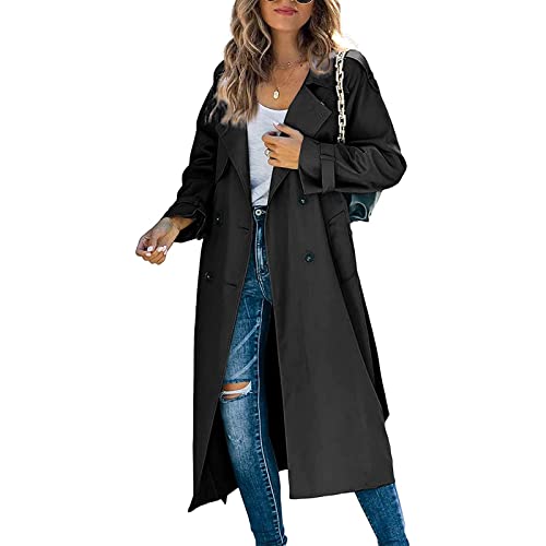 Damen Lang Trenchcoat Umlegekragen Revers Doppelreiher Windbreaker Jacke Solide Lose Herbst Lang Mantel, Schwarz , 42 von Madger