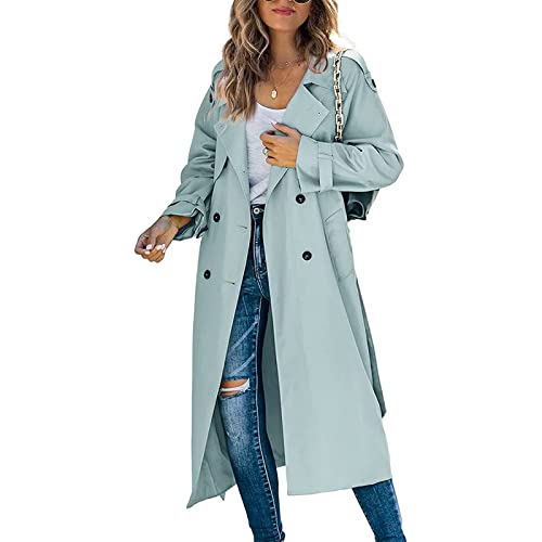 Damen Lang Trenchcoat Umlegekragen Revers Doppelreiher Windbreaker Jacke Solide Lose Herbst Lang Mantel, blau, 36 von Madger