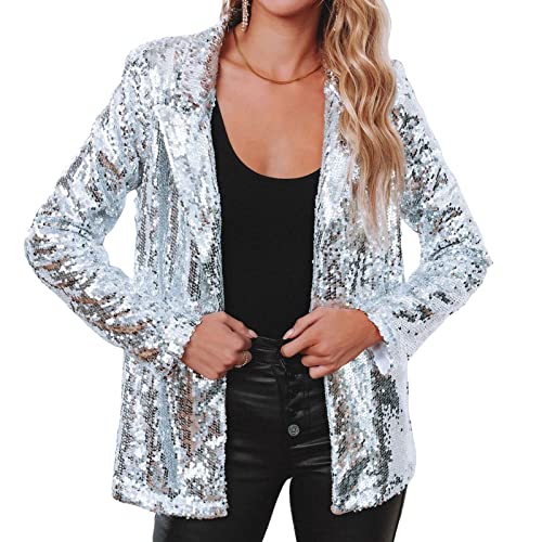 Madger Damen Pailletten Blazer Casual Langarm Open Front Cardigan Blazer Loose Fit Sparkle Glitter Shiny Jeckets Outwear, silber, 40 von Madger