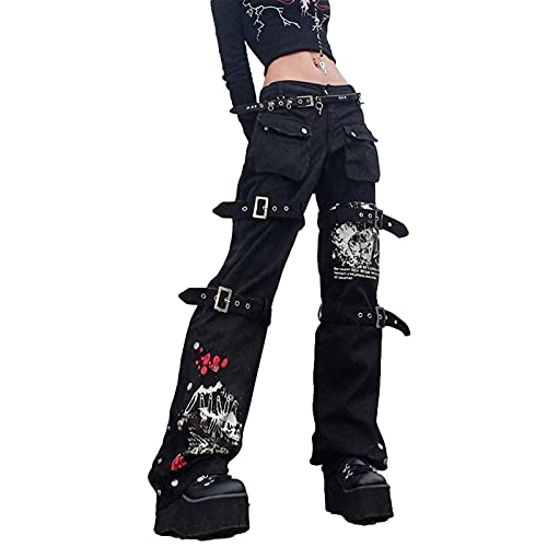 Madger Damen Y2K High Waist Jeans Loose Wide Leg Denim Hose Graphic Print Baggy Cargo Pants Gothic Dark Punk Streetwear, Schwarz , S von Madger