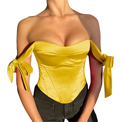 Madger Schnür-Korsett Tops für Frauen, ärmellos, rückenfrei, Push-Up-Bushiers, ästhetisch, Fairycore Cami Tanks, Bandage Camisole Weste, gelb, Small von Madger