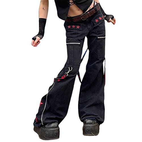 Madger Y2K Damen-Jeans mit hoher Taille, lockeres, weites Bein, Denim-Hose, Grafikdruck, Baggy-Cargohose, Gothic, Dunkles Punk, Streetwear (Schwarz), W-Schwarz, L von Madger