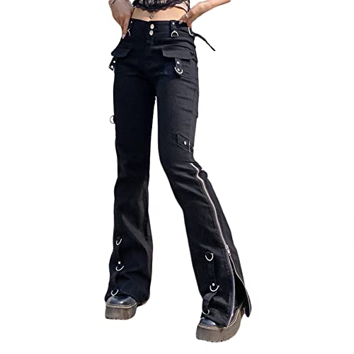 Madger Y2K Damen-Jeans mit hoher Taille, lockeres, weites Bein, Denim-Hose, Grafikdruck, Baggy-Cargohose, Gothic, Dunkles Punk, Streetwear (Schwarz), Y-schwarz, M von Madger